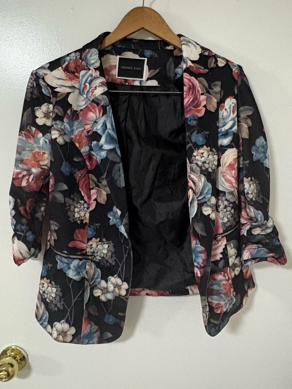 Monteau Floral Black Blazer Jacket with Pink and Blue Blooms